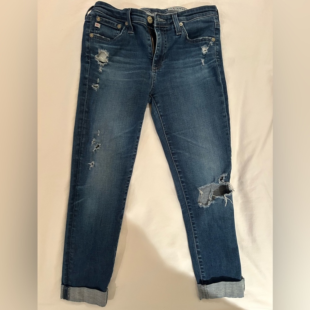 AG Adriano Goldschmied Distressed Blue Skinny Jeans - the Prima Roll Up